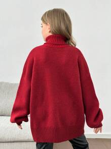 SHEIN Leap Crew 少女高领蝙蝠袖套头毛衣，饰有蝴蝶结，休闲派对款，酒红色 - 酒紅色 - 查看 2