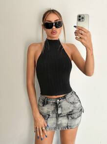 EgrlEra Sexy Metall-Schnallen-Rückenfrei-Trägertop für Frauen im Y2K-Stil für Nachtausgänge - Schwarz - Übersicht 6