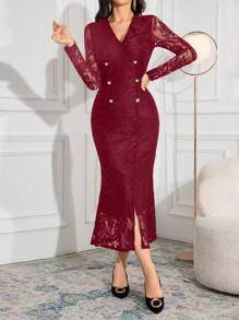 Modelyn Women's Lace Patchwork Long Sleeve Button Front Casual Dress Long Evening Dresses