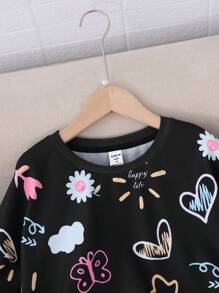 SHEIN Teen Girls Flower Graffiti Print Crew Neck Loose Fit Casual Sports Sweatshirt Pullover,In Fall/Winter - Black - View 3