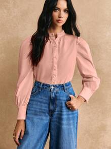 Poéselle 素色前紐扣襯衫 - 藕粉色 - 查看 3