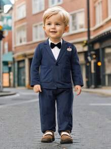 年轻男孩绅士条纹西装外套和裤子，优雅时尚 - 藍色 - 查看 3