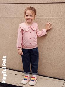 SHEIN 1 Pc Young Girls Coats Ruffle Peter Pan Collar Letter Print Fun Cute/Vintage/Casual/Outings Autumn/Winter/Spring Suitable For School And Outings - Pink - View 6