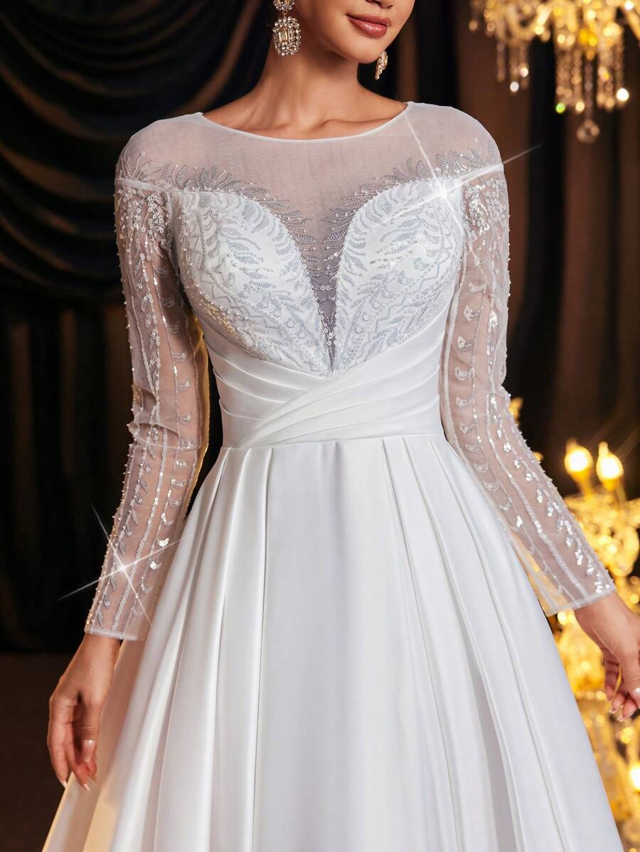 Glamrae Elegant Luxurious Champagne Beaded Sequin Floral Lace Splice Satin Draped Dress With Sheer Long Sleeves, Suitable For Wedding, Party, Prom, Vacation, Informal Bridal - Beige - View 1