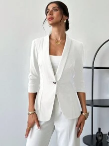 Firerie 女士简约优雅休闲百搭黑色褶皱 3/4 袖办公室西装外套，带披肩领 - 白色 - 查看 1