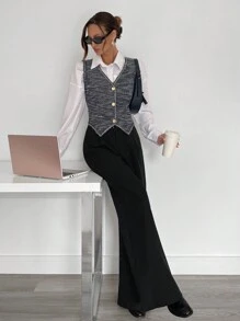 SHEIN Essnce Holiday Party Teacher's Day Women's Front Button Sleeveless Simple Casual Blazer For Daily Wear