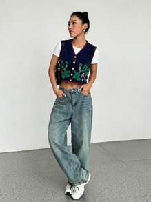 SHEIN Unity 女士无袖花卉刺绣休闲前扣衬衫，日常穿着 - 彩色 - 查看 3