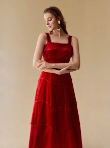 MOTF PREMIUM Vestido con ribete de volantes de contraste de terciopelo - Rojo - Ver 8