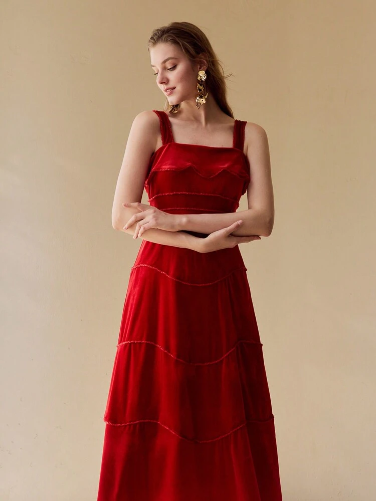 VELVET CONTRAST BINDING RUFFLE TRIM DRESS