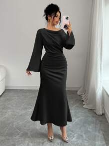 Chiquease 女式露肩荷叶边鱼尾连衣裙，优雅合身的廓形，秋冬长款女装 - 黑色 - 查看 6