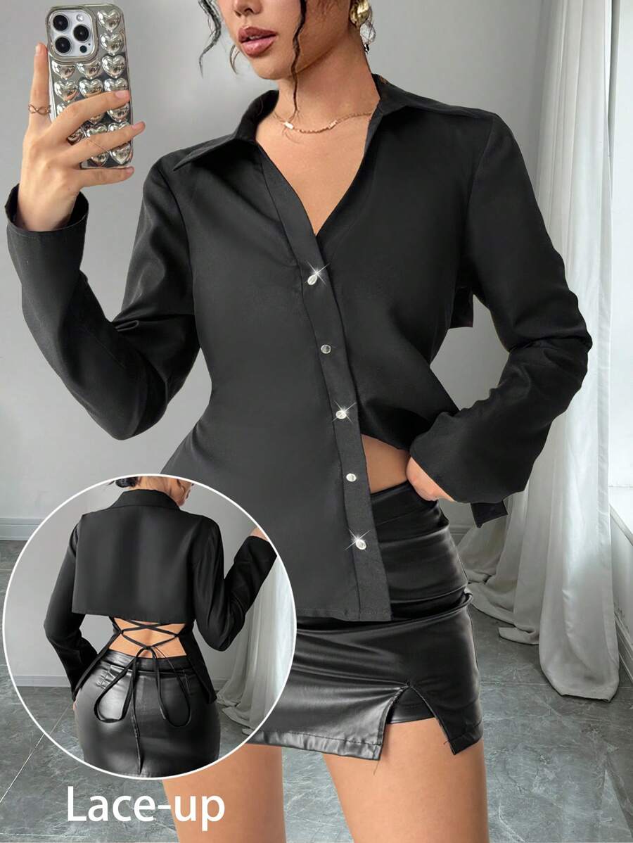 Chiquease 女士纯色前扣长袖休闲衬衫