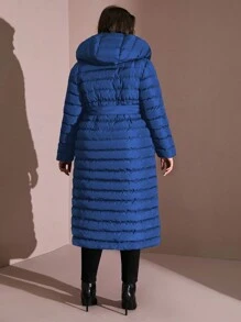 RueChic Women's Plus Hooded Longline Puffer Thick Pockets Belted Buttoned Winter Coat - Navy Blue - View 2