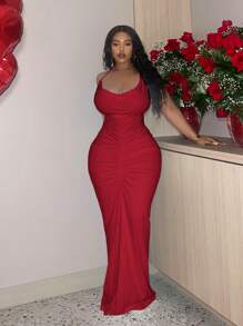 Slaydiva Plus Size Elegant Solid Color Backless Ruched Draped Neck Dress, Suitable For Valentine's Day, Date Night, Club, Prom