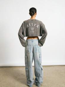 AiiRZ Oversized Crop Long Sleeve T-Shirt With Foil Graphic Back Print - Grey - View 4