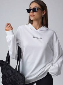 Chiquease Nowa modna, swobodna, minimalistyczna bluza z nadrukiem w litery, biała, długa, z kapturem, dla kobiet