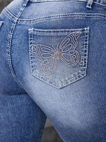SHEIN ICON 蝴蝶刺绣洗水弹力喇叭牛仔裤 - 淺色水洗藍 - 查看 2