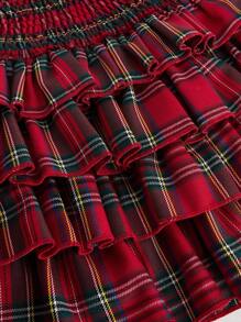 ROMWE J-Fashion 女式圣诞格子印花荷叶边下摆迷你裙 - 酒紅色 - 查看 3
