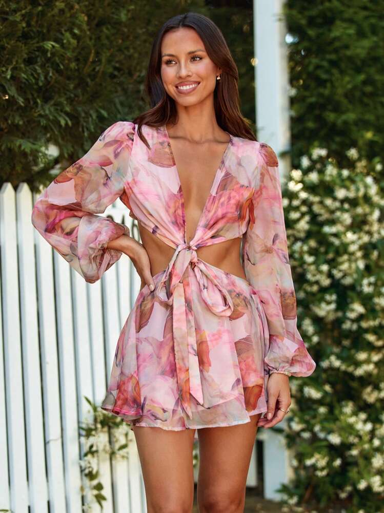 Elegante tuta in chiffon con stampa floreale, scollo a V, maniche a lanterna, nodo in vita e taglio sulla vita, per primavera ed estate - Multicolore - Visualizzare 6