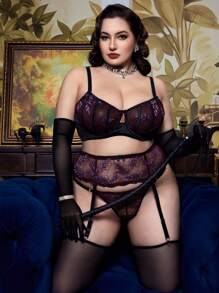 Bộ đồ lót thêu xương cá màu tím gợi cảm cỡ lớn 3 món/bộ - Màu tím - Xem 4