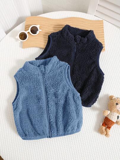 SHEIN 2pcs/Set Baby Boy Cute & Versatile Furry Solid Color Vest Jacket For Autumn/Winter