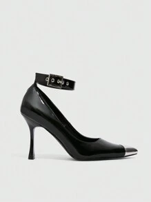 CUCCOO SZL Simple Color Block Metal Decor Pointed Toe Casual Ladies High Heels Valentine's Day - Black - View 7
