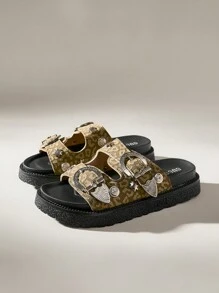 Solecia 女士厚底复古拖鞋，适合夏季日常户外穿着 - 橄欖綠 - 查看 2