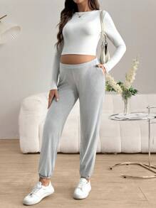 SHEIN Quần dài đơn giản bỏ túi màu trơn cho bà bầu, mặc thường ngày - Xám - Xem 3