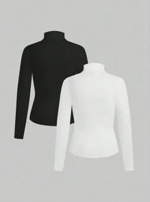 Dziewczyny Tween Slim Fit Casual Proste Wygodne Kołnierzyk Lejkowy Długi Rękaw Uniwersalne Miękkie Wielopak T-shirtów