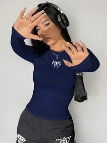 SHEIN EZwear Camiseta de manga larga con cuello redondo y estampado de araña, tejida para mujeres