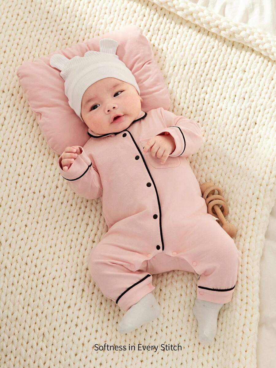 Cozy Pixies Bộ đồ liền thân dài tay cổ tròn dệt kim mềm mại cho bé gái sơ sinh kèm gối đầu 2 món - Hồng - Xem 1