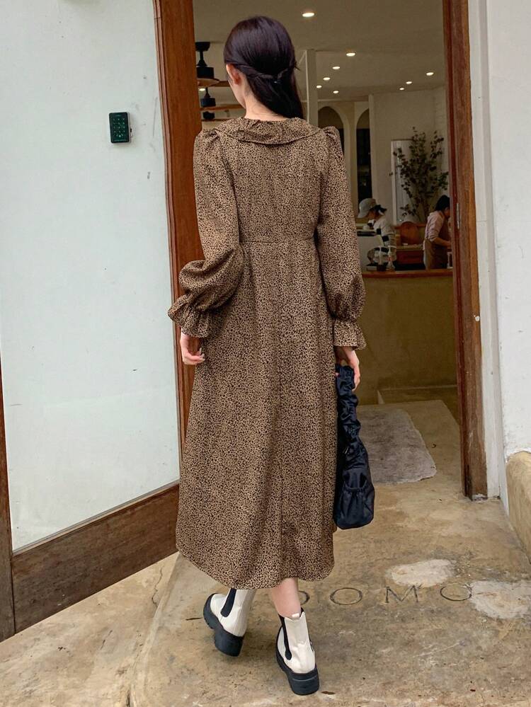 New Arrival Spring/Summer Date Night Wear Leopard Print Ruffle Hem Dress For Women,Fall Clothes Long Sleeve Dress