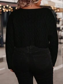 SHEIN LUNE Chaqueta De Punto Corta De Talla Grande Con Cable Y Color Sólido - Negro - Ver 2