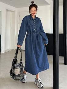 DAZY 女式收腰领衬衫连衣裙搭配牛仔裤 - 中等水洗藍 - 查看 7