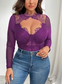 SHEIN Privé Plus Size Women Elegant Netted Lace Patchwork Underwire Bodysuits, Stretchy Sexy For Date, Party, All Season