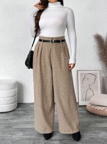 SHEIN VCAY Plus Size Women Woven Check Belted High Waist Straight Leg Pants Barnfit Fashion Work Women Clothes - Brown - View 5