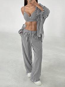 Flirla 3pcs Set Women Casual, Daily, Commute, Shopping Striped Wide Leg Pants, Everyday, Casual, Daily, Commute, Shopping