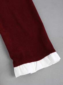 Sweetra 立领前扣撞色优雅修身长袖连衣裙酒红色女装 - 酒紅色 - 查看 4