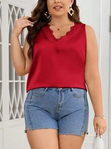 SHEIN Privé 优雅 V 领蕾丝拼布闪亮夏季无袖大码衬衫，适合办公室、日常穿着、旅行和度假 - 酒紅色 - 查看 4