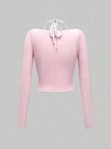 ROMWE Kawaii Camiseta de dama de 2 en 1 con cuello de volantes, ajustada, con borde de encaje acanalado y diseño tierno y dulce - Rosa - Ver 3