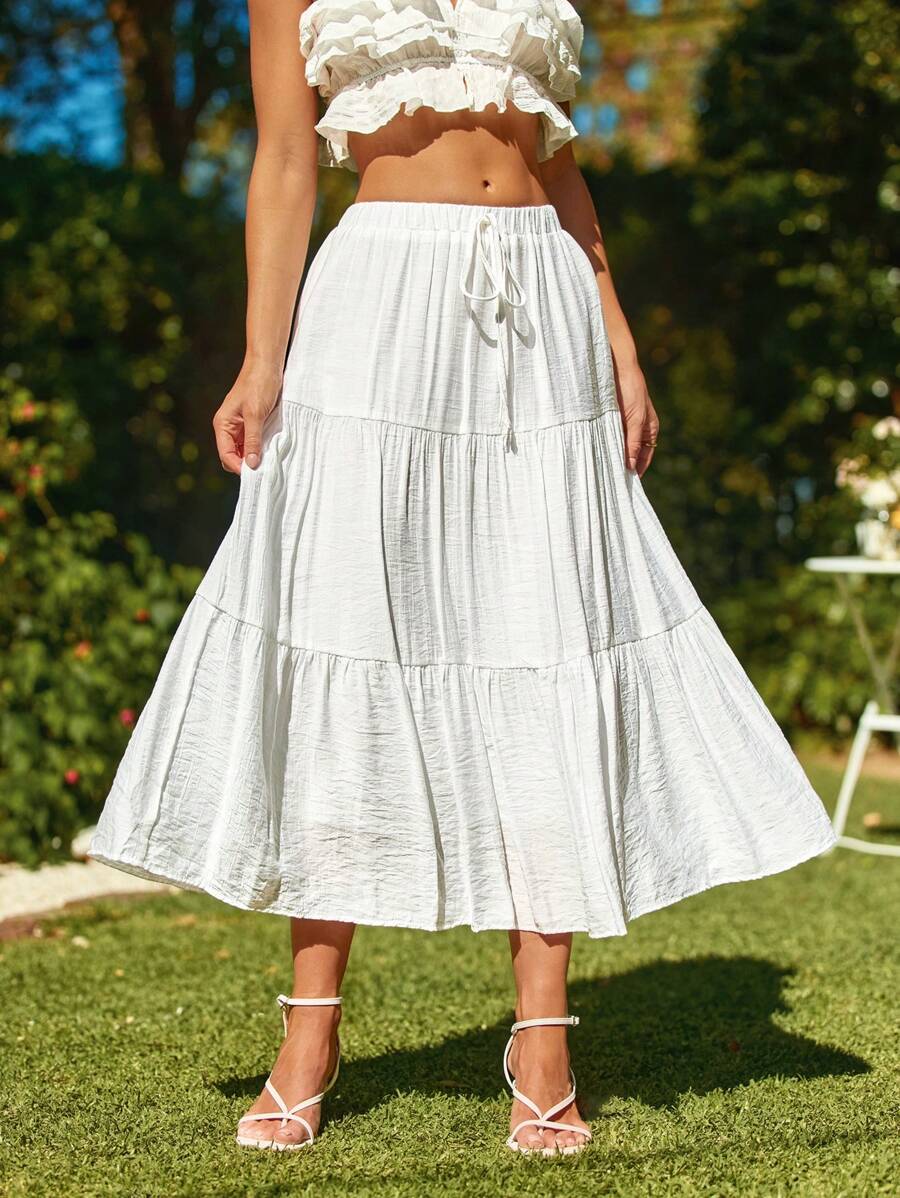 SHEIN VCAY Women's Elegan Vacation Tie Waist Solid Color Skirt