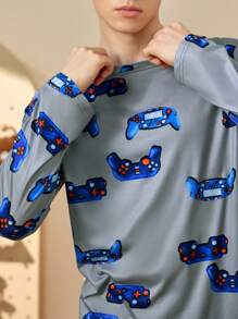 Happy Jammies Set de pijama de 2 piezas con diseño navideño todo sobre todo, con top de cuello redondo de manga larga y pantalón largo para hombre, ropa de estar por casa casual