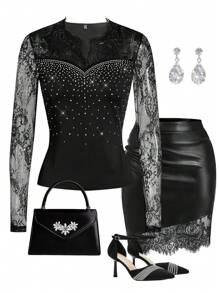 SHEIN Clasi 女士性感 V 领蕾丝水钻闪光长袖派对 T 恤 - 黑色 - 查看 1