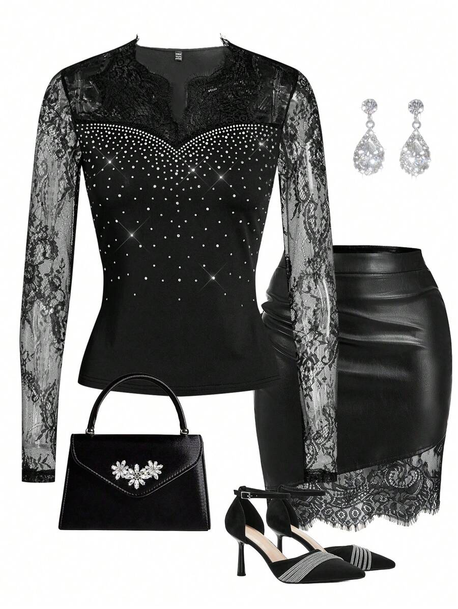 SHEIN Clasi 女士性感 V 领蕾丝水钻闪光长袖派对 T 恤 - 黑色 - 查看 1