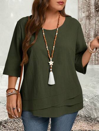 EMERY ROSE Plus Size Asymmetric Hem Green Country Shirts Fall Clothes