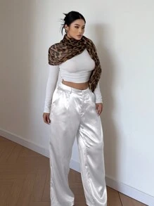 Flirla 大码闪亮纯色垂褶口袋直筒裤 - 白色 - 查看 5