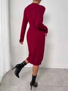 Zolique Gaun Sweater Wanita Kasual Warna Polos dengan Kerah Ikat, Cocok untuk Musim Gugur/Musim Dingin, Pakaian Tahun Baru, Pakaian Musim Gugur untuk Wanita - Merah - View 2