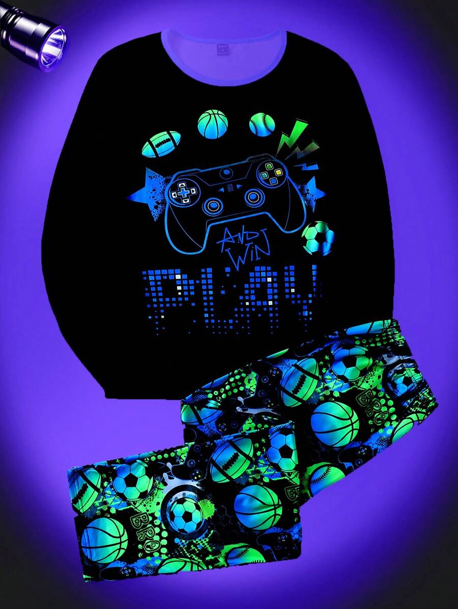 SHEIN Men's Gaming Controller & Ball Print Glow-In-The-Dark Pajama Set - Multicolor - View 1