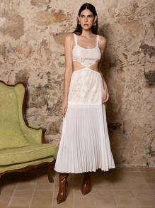 VERO DIAZ Designer Women's White Lace Nude Lined Sleeveless Pleated Chiffon Romantic Wedding Long Dress, Going Out, Spring & Summer, Festival - White - View 5