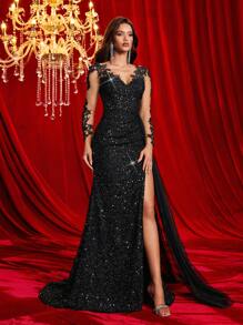 Glamrae Vestido Fishtail de Manga Longa Transparente com Flores de Pérolas Falsas e Tule, Elegante e Luxuoso, Adequado para Casamento, Festa, Banquete, Feriado (Design Muito Bordado), Vestido de Convidada de Casamento, Vestido Formal, Vestido de Festa, Vestido de Gala - Preto - Visão 5