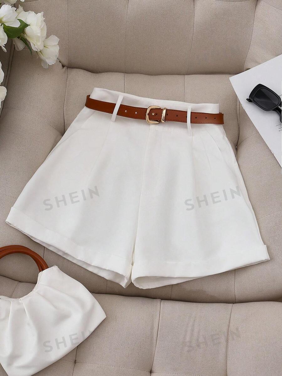 Franclia Petite Damen Shorts mit einfarbigem plissiertem, weitem Saum, Lässig - Weiss - Übersicht 1